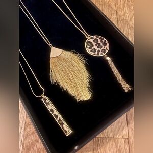 (3) Long Necklaces - Gold, Leopard & Fringe!
